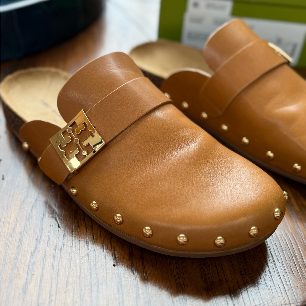 Tory Burch Mellow Stud Mule Vachetta Leather Clogs with Gold Studs
